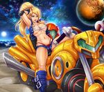  7th-heaven alternate_costume areolae boots breasts crop_top cropped_jacket denim denim_shorts elbow_pads fingerless_gloves gloves headwear_removed helmet helmet_removed metroid moon motorcycle navel nintendo panties planet red_panties samus_aran see-through short_shorts shorts sleeveless solo space starry_sky stomach thong unbuttoned underwear 