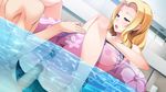  1girl amami_taito areolae ass bikini blonde_hair blue_eyes blush breasts censored game_cg highres hitozuma_swimming_club innertube ino interheart kayashima_aki large_breasts legs long_hair lying mosaic_censoring nipples open_mouth partially_submerged penis pool pussy sex solo_focus swimsuit thighs vaginal water 