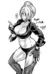  1girl ahoge angel_(kof) breasts butcha-u cleavage dated female fingerless_gloves gloves hair_over_one_eye jacket king_of_fighters large_breasts leather leather_gloves leather_jacket monochrome short_hair signature snk solo the_king_of_fighters toned 