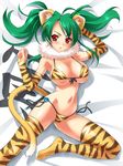  animal_ears animal_print bikini breasts detached_sleeves green_hair highres large_breasts long_hair ngo original print_legwear red_eyes side-tie_bikini solo swimsuit tail thighhighs tiger_print twintails 