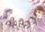  brown_eyes brown_hair cherry_blossoms copyright_request from_below glasses long_hair looking_back maid maid_headdress multiple_girls short_hair sky smile totsuki_touka_(orange_factory) waving 