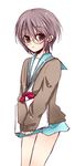  brown_eyes cardigan glasses grey_hair kita_high_school_uniform mushipan nagato_yuki school_uniform serafuku short_hair solo suzumiya_haruhi_no_shoushitsu suzumiya_haruhi_no_yuuutsu 