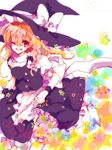  apron bad_id bad_pixiv_id blonde_hair bow braid dress frills hat kirisame_marisa long_hair one_eye_closed red_eyes ribbon smile solo touhou witch_hat wristband yukirar 