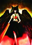  absurdres black_hair bow fire hair_bow highres kami_amane_kurohime long_hair red_eyes reiuji_utsuho skirt solo touhou wings 