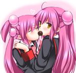  bad_id bad_pixiv_id brown_eyes chocolate closed_eyes futaki_kanata hair_bobbles hair_ornament half_updo hug little_busters! long_hair mouth_hold multiple_girls pink_background pink_hair saigusa_haruka school_uniform shared_food shino_(sosuketo) side_ponytail 