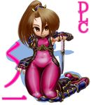  bodysuit boro brown_eyes brown_hair cosplay fujibayashi_suzu kneeling knife ponytail solo soulcalibur taki_(soulcalibur) taki_(soulcalibur)_(cosplay) 