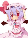  animal_ears blush face fang hands_on_own_head hat kemonomimi_mode looking_at_viewer purple_hair red_eyes remilia_scarlet rowtan short_hair simple_background solo tears touhou 