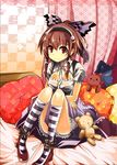  alternate_costume bed bow brown_hair gothic_lolita hair_bow hakurei_reimu kneehighs legs lolita_fashion maid maturiuta_sorato pillow red_eyes short_hair sitting socks solo striped striped_legwear stuffed_animal stuffed_toy touhou 