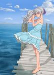  aqua_dress barefoot darker_than_black day dock dress feet flat_chest hair_ribbon legs long_hair ponytail purple_eyes ribbon rokuichi silver_hair solo sundress water wind yin 