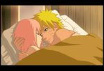  1girl bed blanket blonde_hair blue_eyes closed_eyes closed_mouth couple haruno_sakura hetero hug indoors ladygt93 letterboxed lying naruto_(series) naruto_shippuuden ninja nude on_side pillow pink_hair short_hair sleeping spiked_hair under_covers uzumaki_naruto whisker_markings 