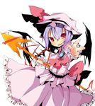  dress fang hat polearm purple_hair red_eyes remilia_scarlet rowtan short_hair solo spear spear_the_gungnir touhou weapon wings 