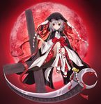  ars_zero bell full_moon highres hood japanese_clothes kimono kushinada_nemuru long_hair mask moon night ookamikakushi red_eyes red_moon red_sky ribbon scythe silver_hair sitting sky solo 