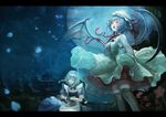  bad_id bad_pixiv_id bat_wings blue_eyes blue_hair braid flower hat izayoi_sakuya kneehighs knife letterboxed maid maid_headdress moon multiple_girls pointy_ears red_eyes remilia_scarlet rose short_hair silver_hair touhou twin_braids white_hair wings yoru_(xueyinye) 