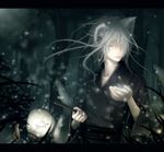  animal_ears bad_id bad_pixiv_id copyright_request forest fox_ears fox_tail glowing hair_over_one_eye japanese_clothes kimono kurui lamp male_focus messy_hair multiple_tails nature night silver_hair snow solo tail tree yukata 