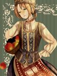  apple axis_powers_hetalia bad_id bad_pixiv_id blonde_hair crossdressing food fruit green_eyes hair_ribbon hat lithuania_(hetalia) male_focus otoko_no_ko ribbon saiko solo 