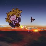  :d blonde_hair broom broom_riding chibi flying hat hat_removed headwear_removed kirisame_marisa open_mouth smile socha solo star sunset touhou v-shaped_eyebrows |_| 