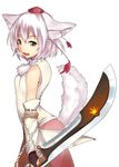  alternate_weapon animal_ears bare_shoulders bridal_gauntlets chain detached_sleeves fang hat inubashiri_momiji leaf maple_leaf short_hair silver_hair simple_background solo sword tail tera_zip tokin_hat touhou weapon wolf_ears wolf_tail 