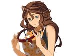  bad_id bad_pixiv_id bare_shoulders brown_hair collar copyright_request green_eyes kosame_daizu leash long_hair simple_background smile solo 