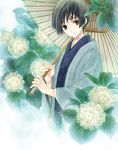  axis_powers_hetalia black_hair brown_eyes flower hydrangea japan_(hetalia) kotobuki-a male_focus oriental_umbrella smile solo umbrella 