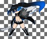  :&lt; arm_cannon belt black_hair black_rock_shooter black_rock_shooter_(character) blue_eyes boots burning_eye chibi haiiro_gundan hood hoodie long_hair scar shorts smoke solo sword twintails uneven_twintails weapon 