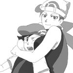  1girl bad_id bad_pixiv_id bare_shoulders beanie between_breasts breasts goma_(gorone) greyscale hareta_(pokemon) hat hug long_hair lowres mitsumi_(pokemon) monochrome one_eye_closed open_mouth pokemon pokemon_(game) pokemon_dppt ponytail scarf smile 