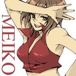  arm_up armpits bad_id bad_pixiv_id breasts brown_eyes brown_hair character_name crop_top half-closed_eyes looking_at_viewer lowres medium_breasts meiko nail_polish oekaki red_nails red_shirt shirt short_hair simple_background sleeveless solo takase_kei vocaloid white_background 