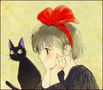  animal black_cat black_hair cat chin_rest hairband jiji_(majo_no_takkyuubin) kiki lips long_sleeves majo_no_takkyuubin pekomi profile short_hair witch 