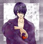  alcohol bad_id bad_pixiv_id chrysanthemum eyepatch floral_print flower gintama hands highres japanese_clothes kikumon kimono male_focus purple_eyes purple_hair sake sitting solo takasugi_shinsuke 