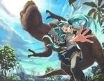  aqua_hair day dinosaur hatsune_miku igarashi_youhei long_hair megaphone nature one_eye_closed skirt sky solo thighhighs twintails vocaloid 