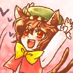  \o/ animal_ears arms_up bad_id bad_pixiv_id bow bowtie brown_hair cat_ears cat_tail chen happy hat jewelry multiple_tails open_mouth outstretched_arms promotions short_hair single_earring smile solo tail tobi_(discharge_cycle) touhou 