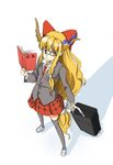  alternate_costume bad_id bad_pixiv_id bespectacled blazer blonde_hair book contemporary glasses horns ibuki_suika jacket long_hair luggage necktie nishiuri ribbon school_uniform skirt solo thighhighs touhou yellow_eyes zettai_ryouiki 