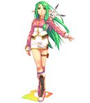  boots elf frederica_(spectral_souls) full_body green_eyes green_hair highres hirano_katsuyuki knee_boots long_hair pointy_ears skirt solo spectral_(series) spectral_souls thigh_strap white_background 