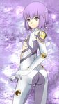  ar_tonelico ar_tonelico_iii ass bad_id bad_pixiv_id bodysuit braid flat_chest from_behind hair_ornament looking_back nes_(sigma) purple_eyes purple_hair short_hair skin_tight smile solo tilia twin_braids 