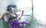  aiming archery arrow blue_eyes blue_hair bow_(weapon) drawing_bow hakama himemiya_chikane holding holding_arrow holding_bow_(weapon) holding_weapon japanese_clothes kannazuki_no_miko kyuudou long_hair miko muneate nitro outstretched_arm purple_hakama signature solo very_long_hair weapon 