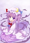  akino_sora alternate_hairstyle angry blush embarrassed from_above hat long_hair patchouli_knowledge purple_eyes purple_hair ribbon sitting solo touhou twintails wariza wavy_mouth 