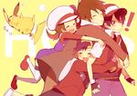  1girl 3boys alternate_costume backwards_hat gen_1_pokemon gold_(pokemon) hair_through_headwear hat hat_ribbon hug hug_from_behind kl kotone_(pokemon) multiple_boys ookido_green pikachu pokemon pokemon_(creature) pokemon_(game) pokemon_hgss pokemon_rgby red_(pokemon) red_(pokemon_rgby) red_ribbon ribbon thighhighs 