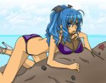  ahoge all_fours bad_id bad_pixiv_id bikini blue_eyes blue_hair breasts cleavage cloud day drill_hair high_heels large_breasts long_hair midriff outdoors ponytail see-through shoes sky solo sunfl swimsuit umi_monogatari warin water 