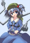  adjustable_wrench backpack bag blue_eyes blue_hair dress extra_arms hair_bobbles hair_ornament hat ixen-fei kawashiro_nitori key mechanical_arm solo touhou two_side_up wrench 