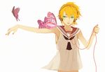  bad_id bad_pixiv_id blonde_hair bug butterfly green_eyes headphones ho_(pixiv655034) insect kagamine_len male_focus migikata_no_chou_(vocaloid) simple_background solo vocaloid 