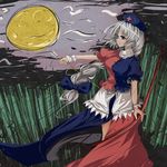  bad_id bad_pixiv_id bamboo bamboo_forest blue_eyes bow bow_(weapon) braid breasts dress forest full_moon hair_bow large_breasts long_hair moon nature side_slit silver_hair solo touhou wahara_romasa weapon yagokoro_eirin 