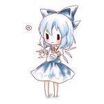  1girl :3 bad_id bad_pixiv_id barefoot blue_hair bow chibi cirno dress hair_bow hands kuromame_(8gou) large_bow outstretched_arms short_hair solo touhou v-shaped_eyebrows 