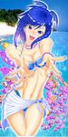  beach bikini blue_eyes blue_hair day drill_hair fish highres ponytail solo swimsuit umi_monogatari warin 