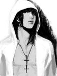  1boy axis_powers_hetalia cross greece_(hetalia) hood jewelry male male_focus monochrome necklace open_clothes open_shirt shirt short_hair solo 