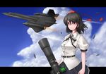  aircraft airplane bad_id bad_pixiv_id black_hair camera cloud day hat looking_at_viewer petag2 shameimaru_aya short_hair sky smile solo sr-71_blackbird tokin_hat touhou 