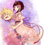  antenna_hair arm_garter bad_id bad_pixiv_id bangs belt black_hair blonde_hair blunt_bangs brown_hair choker dress flat_chest hair_ornament jewelry koku_666 kyle_dunamis open_mouth pendant pink_dress purple_background purple_eyes reala red_choker ribbon short_hair sketch smile solo spiked_hair staff tales_of_(series) tales_of_destiny_2 tales_of_graces thighhighs very_short_hair white_legwear 