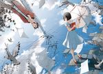  1girl bird black_eyes black_hair cellphone cloud day dress flying_paper original paper phone power_lines puddle reflection selina short_hair sky umbrella water 