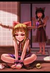  :t anger_vein annoyed bad_id bad_pixiv_id barefoot blonde_hair brown_hair chain cuffs detached_sleeves face hakurei_reimu horns ibuki_suika indian_style kurione_(zassou) long_hair multiple_girls pout red_eyes ribbon sad sitting sweatdrop tears touhou 