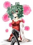  adapted_costume alternate_hairstyle bad_id bad_pixiv_id black_legwear blush curly_hair dress flower green_hair highres kazami_yuuka plaid plaid_dress r0g0b0 red_eyes short_hair sitting smile solo strap_slip thighhighs touhou 