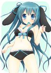  animal_ears aqua_eyes aqua_hair blue_eyes blue_hair bow bow_bra bow_panties bra bunny_ears highres lace lingerie long_hair mouth_hold navel original panties ribbon solo stomach underwear underwear_only usashiro_mani very_long_hair 