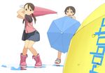  boots brown_eyes brown_hair closed_umbrella go_robots multiple_girls original pink_footwear puddle short_hair skirt twintails umbrella 